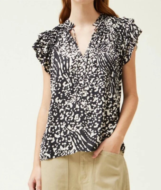 Printed Ruffle Sleeve Blouse In Black Chic Off-Shoulder Blouse
