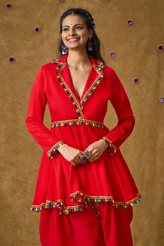 Red Cotton Embroidered Full Sleeves Blouse Relaxed Fit Blouse