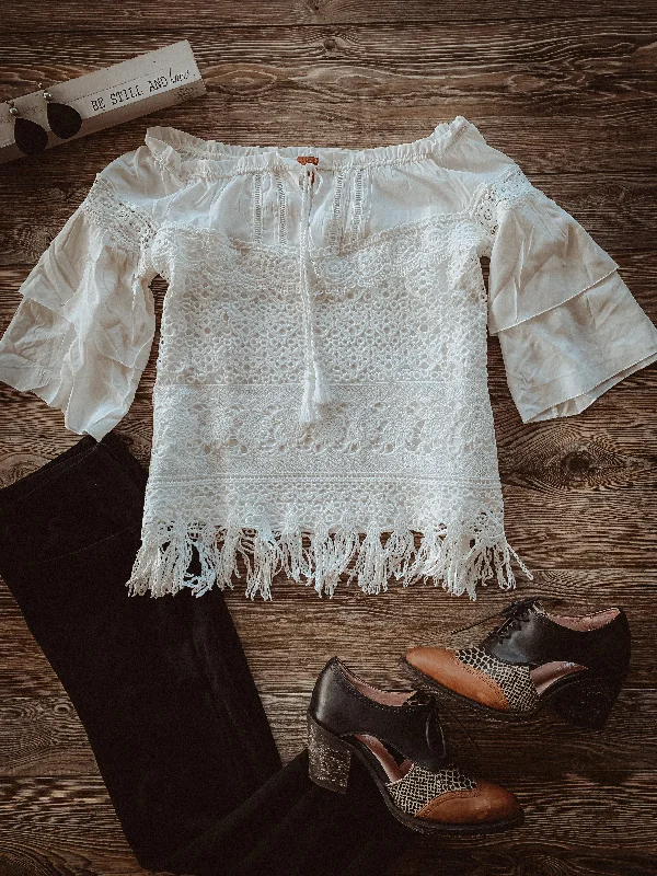 Tiered Off White Lace Blouse Drape Neck Blouse