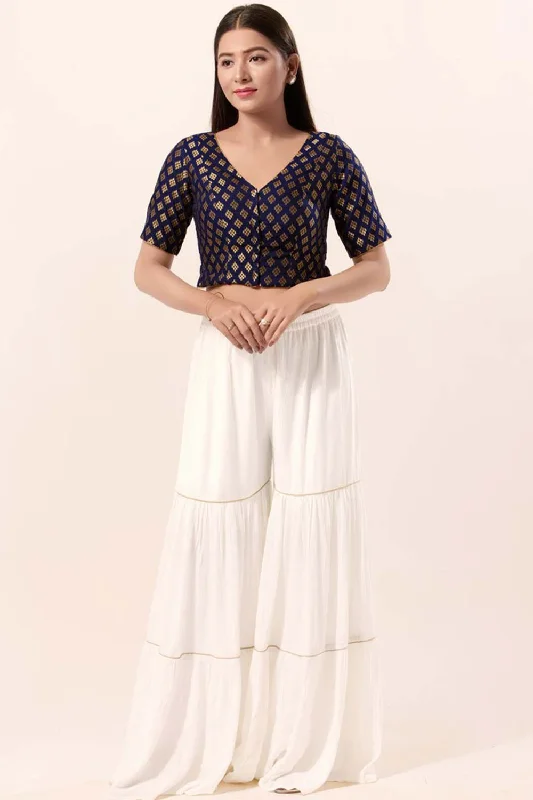 Navy Blue Brocade V-Neck Elbow Sleeves Blouse Feminine Satin Blouse