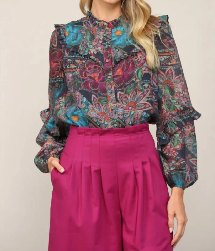 Ruffle Trimmed Blouse In Navy Multi Stretchy Fitted Blouse