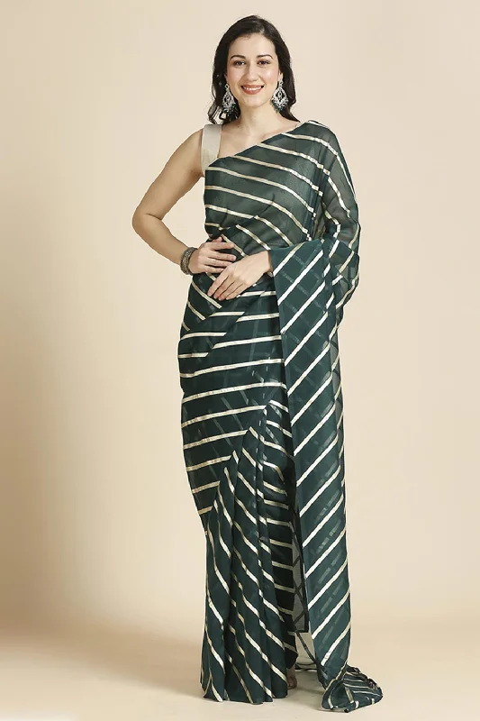 Dark Green Kota Leheriya Organza Saree With Shimmer Unstitch Blouse Puff Sleeve Blouse
