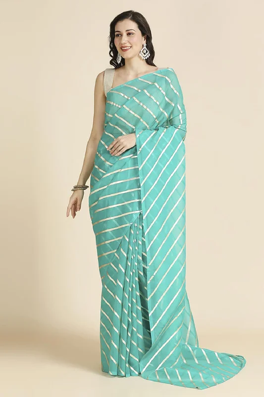 Turquoise Kota Leheriya Organza Saree With Shimmer Unstitch Blouse Stylish Wrap Blouse