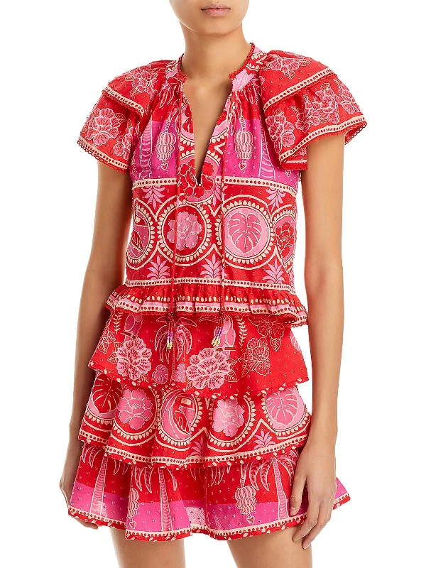 Womens Floral Print Cotton Blouse Gathered Detail Blouse