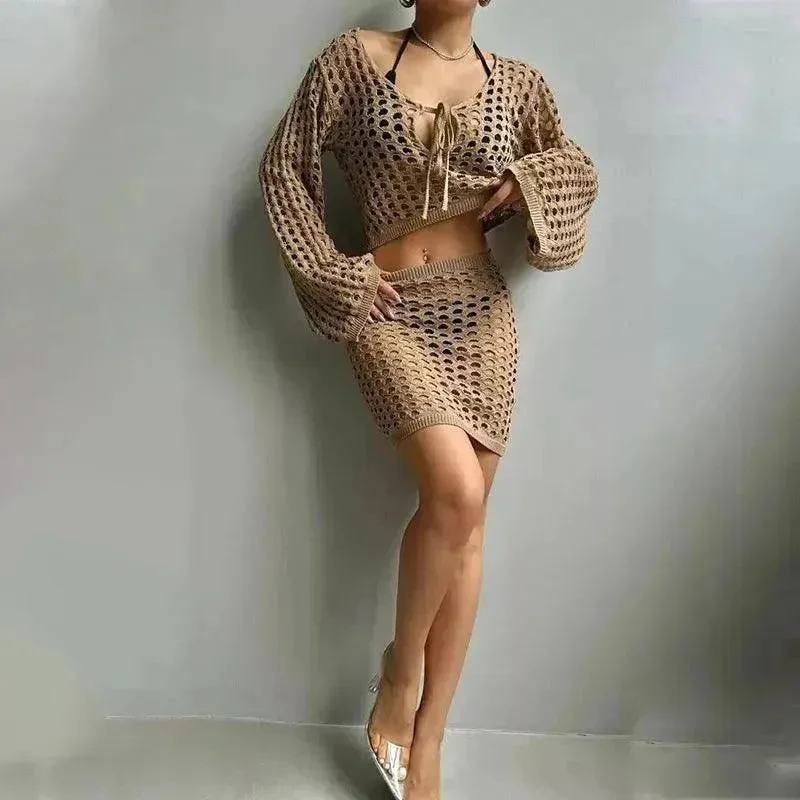 Solid Color Knitted Stand-up Collar Bikini Swimsuit Blouse Suit Ruffled Neck Blouse