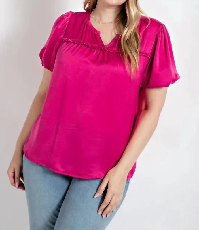 Ruffle Yoke Puff Sleeves Blouse Top In Fuchsia Chic Wrap Blouse