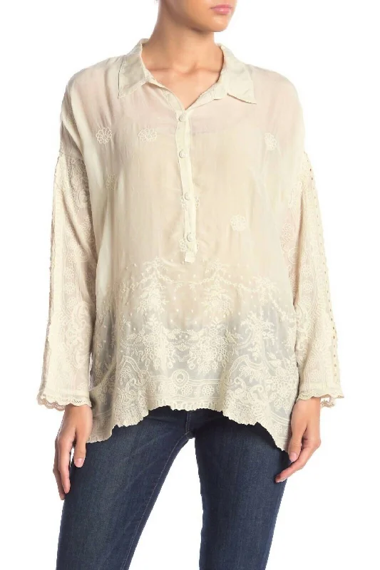 Antik Long Sleeve Embroidered Blouse In Ivory Casual Relaxed Fit Blouse