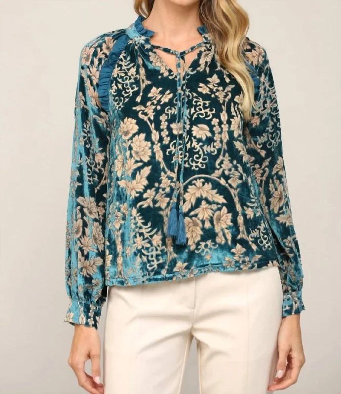 Burnout Velvet Blouse In Teal Floral Chiffon Blouse