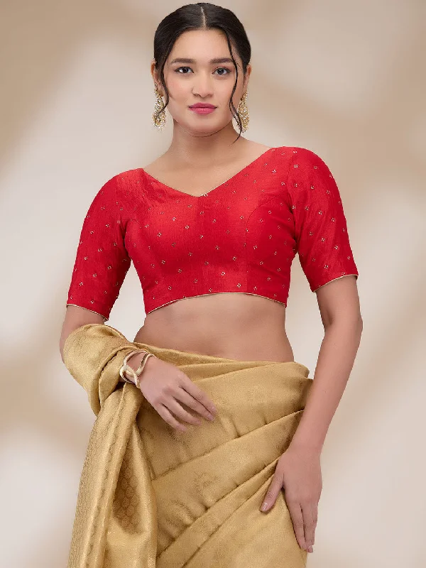 Dark Red Silk Blend Printed Half Sleeves Blouse Double-Layered Blouse