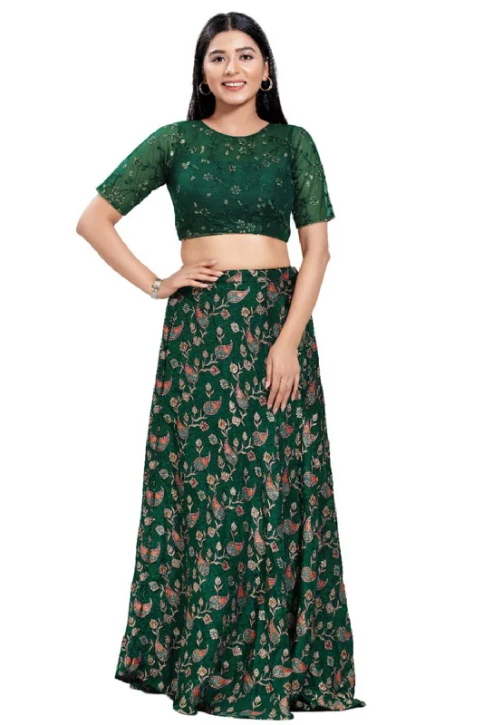 Bottle Green Net Round Neck Elbow Sleeves Blouse Delicate Pleat Blouse