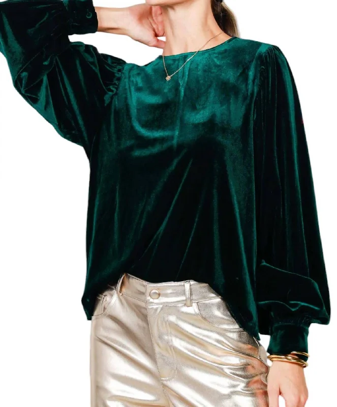 Emerald Balloon Sleeve Round Neck Velvet Blouse In Hunter Green Textured Cotton Blouse