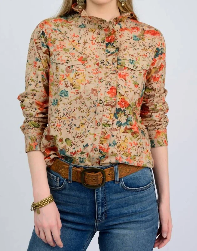 Claudia Button Down Blouse In Tan Sweetheart Neck Blouse