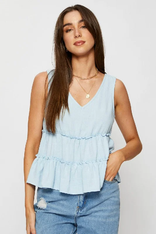Blue Peplum Blouse Sleeveless V-Neck Off-Shoulder Wrap Blouse