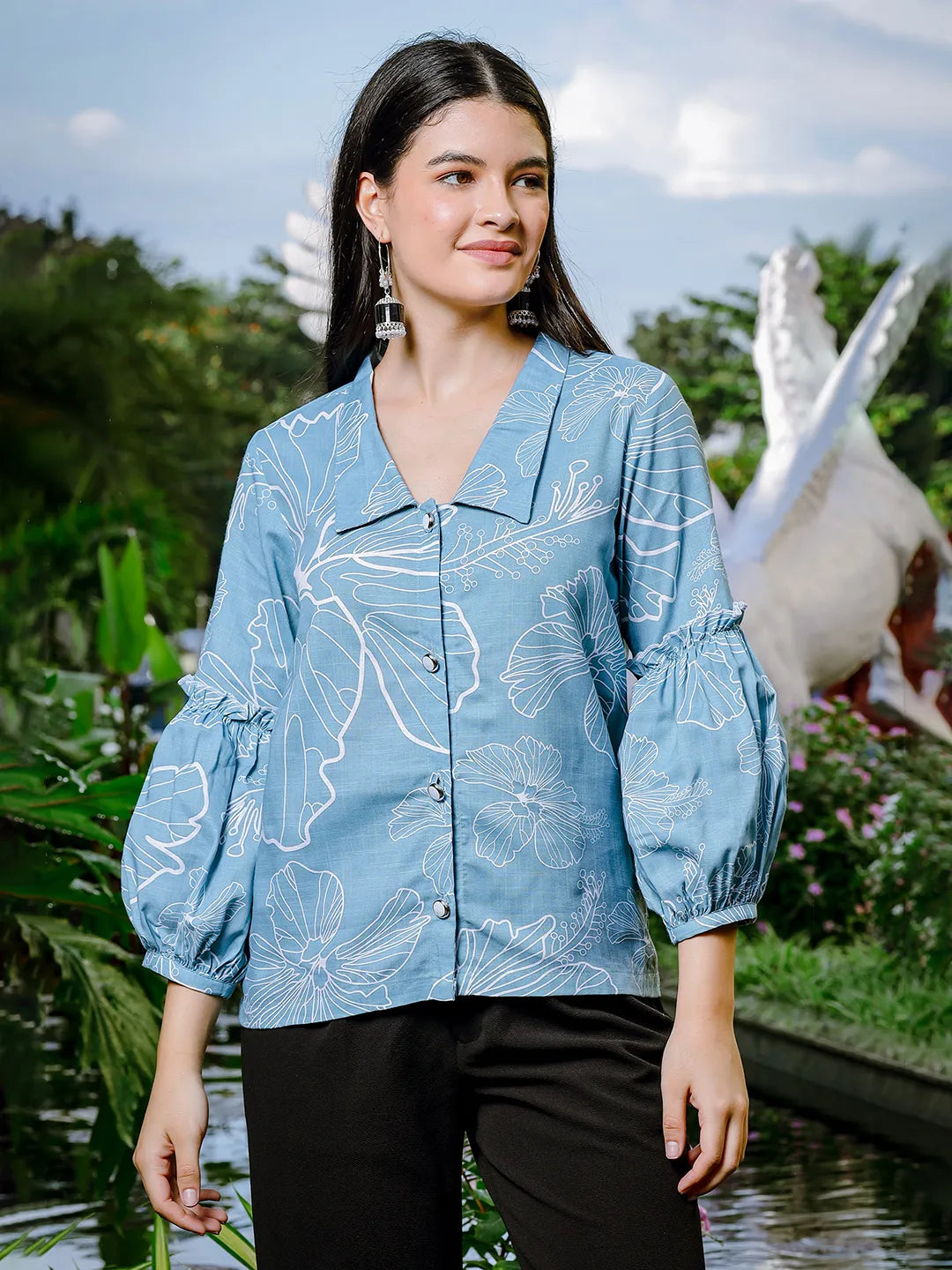 Yufta Sky Blue Cotton Linen Puff Sleeve Shirt Style Top-- Casual Formal Business