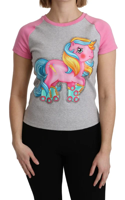 Moschino Chic Gray Crew Neck Cotton T-shirt with Pink Women's Accents-- Fitted T-Shirt Seamless Stretchy Moschino Chic Gray Crew Neck Cotton T-shirt with Pink Women's Accents-- Fitted T-Shirt Seamless Stretchy