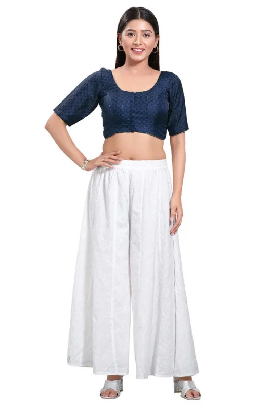 Navy Blue Jacquard Round Neck Elbow Sleeves Blouse Smart Casual Blouse