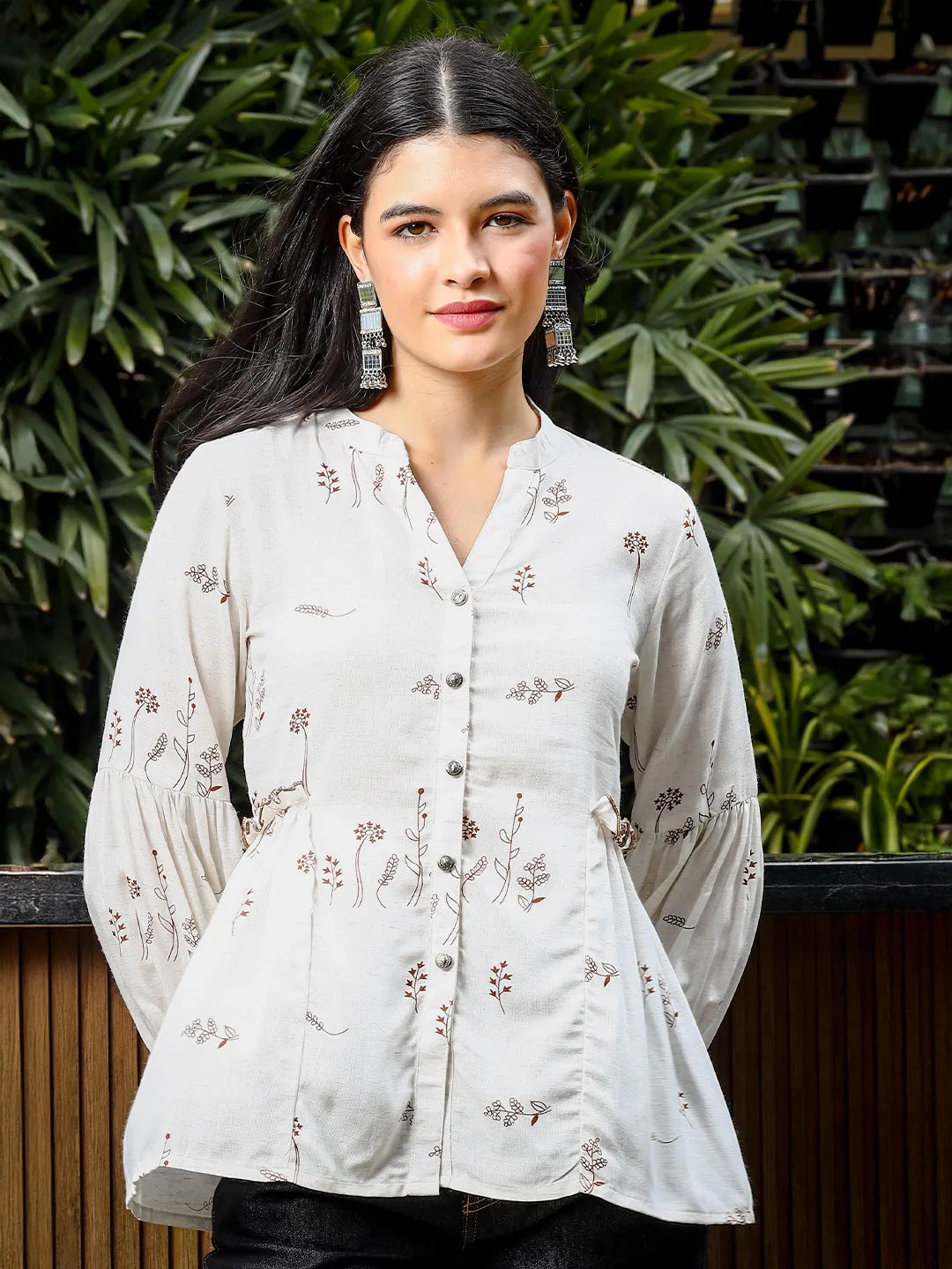 Yufta Brown And White Cotton Linen Flare Shirt Style Top-- Mesh Canvas Denim