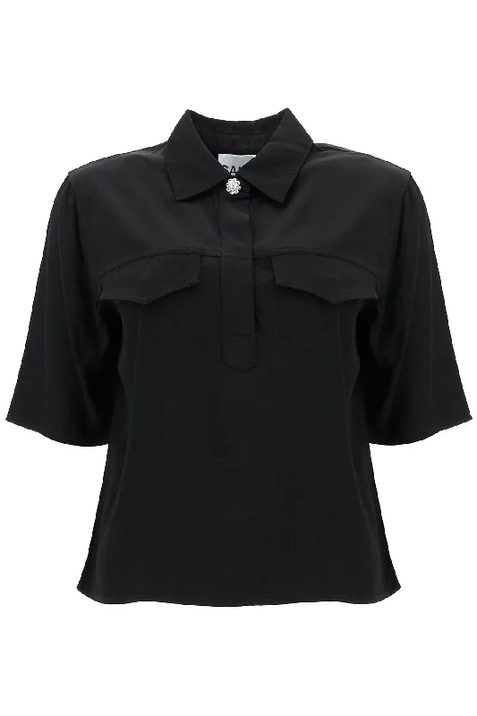Ganni Women's Short-Sleeved Twill Blouse For Delicate Pleat Blouse