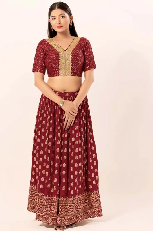 Maroon Mulbury Silk V-Neck Elbow Sleeves Blouse Embroidered Floral Blouse