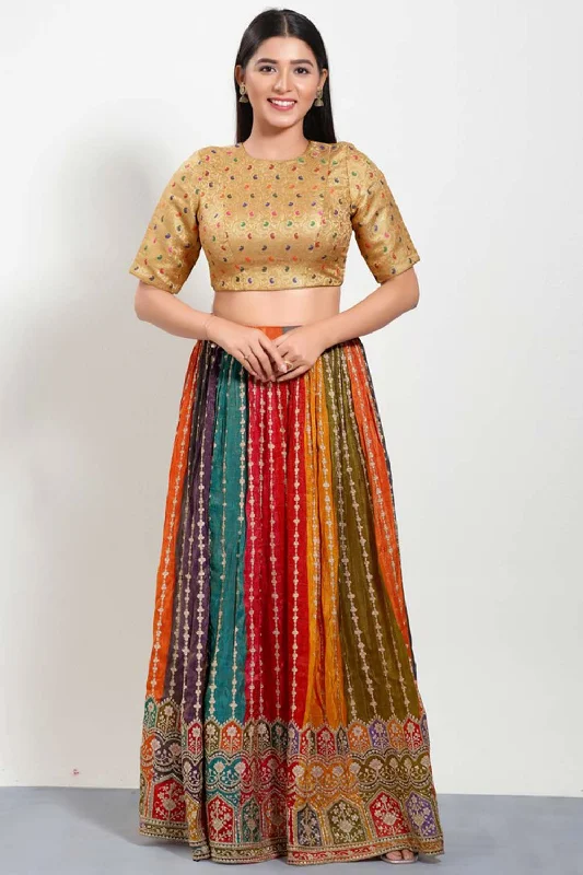 Gold Brocade Round Neck Elbow Sleeves Blouse Side Tie Blouse