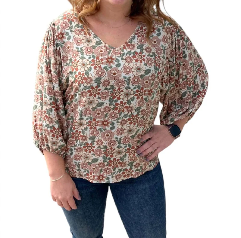 Maddison Floral Blouse In Taupe/multi Ruched Sleeve Blouse