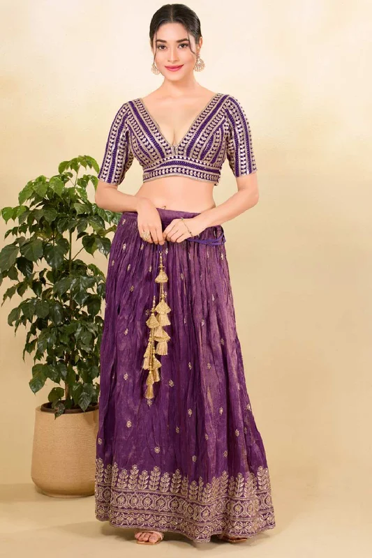 Purple Silk Embroidered Elbow Sleeves Blouse Lightweight Floral Blouse