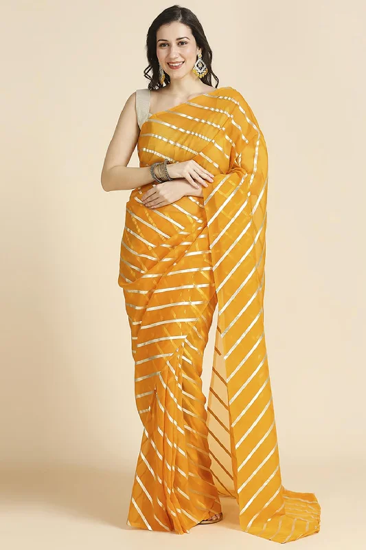 Yellow Kota Leheriya Organza Saree With Shimmer Unstitch Blouse Loose Fit Blouse