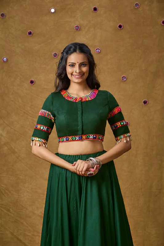 Green Cotton Embroidered Elbow Length Blouse Feminine Pastel Blouse