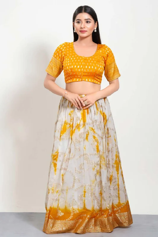 Mustard Brocade Round Neck Elbow Sleeves Blouse Silky Draped Blouse