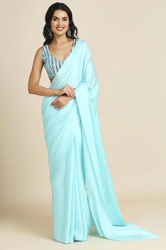 Turquoise Burfi Silk Saree With Lycra Sequins Unstitch Blouse Pleated Collar Blouse