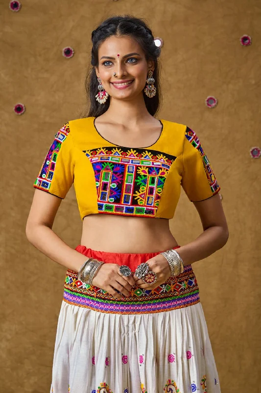 Yellow Cotton Embroidered Elbow Length Blouse Ruffled Neck Blouse