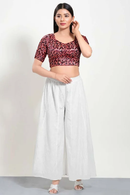 Maroon Silk Sweatheart Neck Elbow Sleeves Blouse Delicate Pleat Blouse