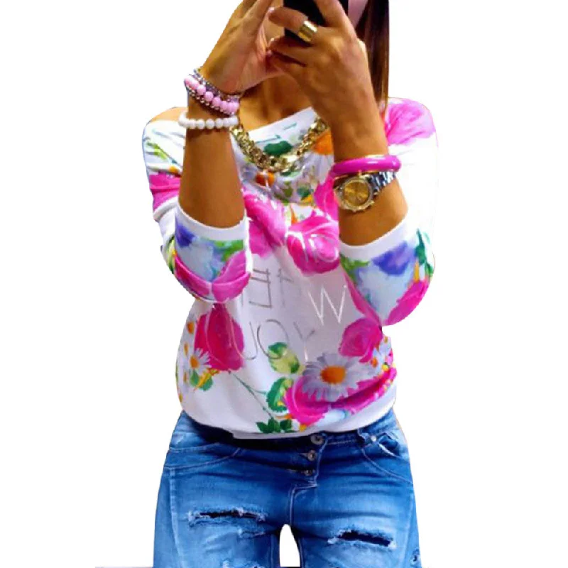Fashion Autumn Women Girl Long Sleeve Floral Print T Shirts Crew Neck Casual Tops-- Fleece Nylon Spandex Fashion Autumn Women Girl Long Sleeve Floral Print T Shirts Crew Neck Casual Tops-- Fleece Nylon Spandex