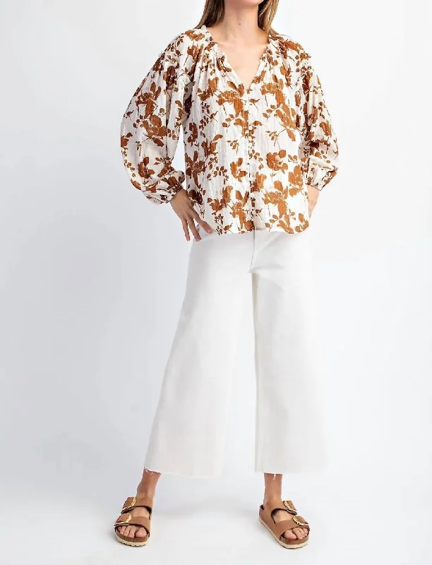 Floral Crinkle Blouse In Brown Elegant Semi-Sheer Blouse