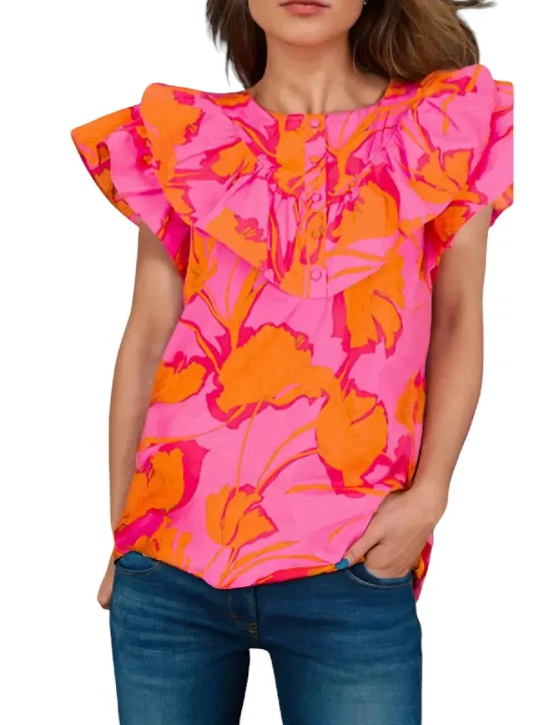Abstract Ruffled Blouse In Pink Silky Draped Blouse
