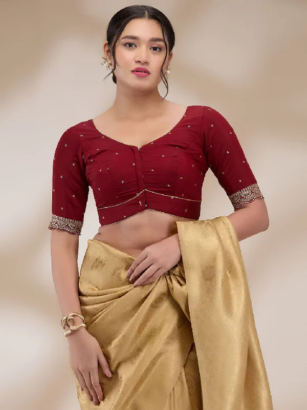 Maroon Mulberry Silk Embroidered Half Sleeves Blouse Oversized Silk Blouse