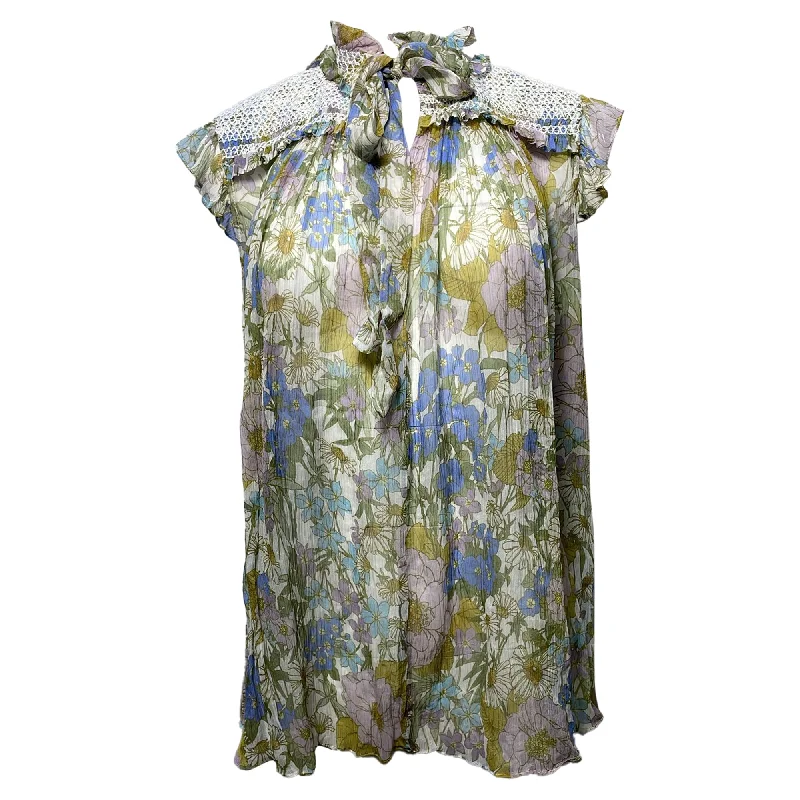 Zimmermann Floral Print Tie Neck Sleeveless Blouse in Multicolor Polyester Drape Neck Blouse