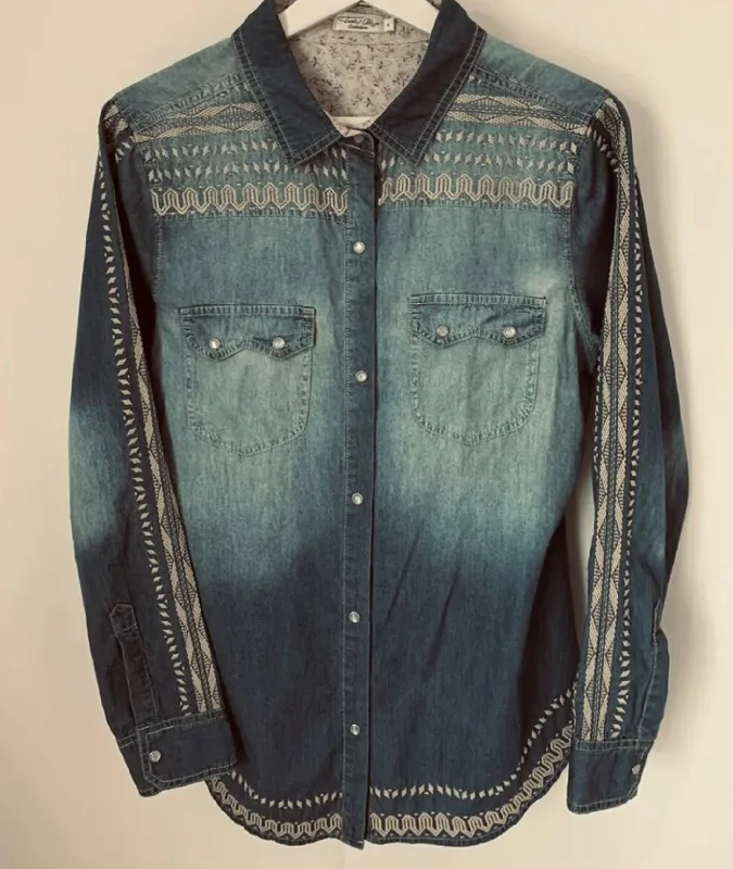 Western Denim Pearl Snap Shirt M-- Knit Fabric Woven Fabric Fleece Fabric