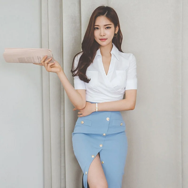 new arrival fashion korean style set for women summer office lady elegant simple blue pencil skirt and white shirt two piece set-- Front Pockets Side Pockets Patch Pockets new arrival fashion korean style set for women summer office lady elegant simple blue pencil skirt and white shirt two piece set-- Front Pockets Side Pockets Patch Pockets