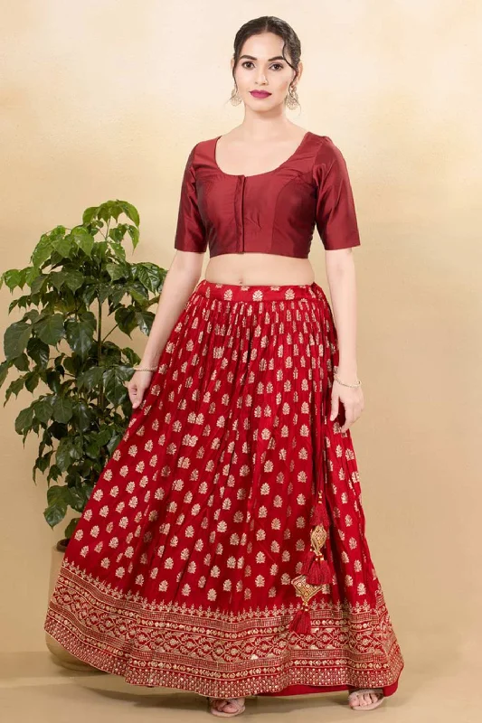 Dark Maroon Brocade Woven Elbow Sleeves Blouse Feminine Puff Blouse
