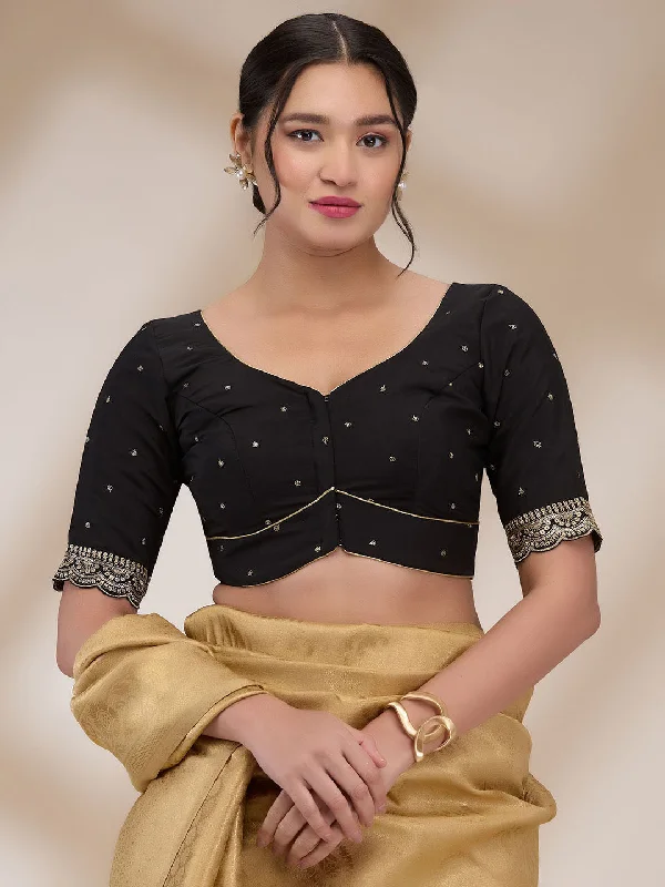 Black Mulberry Silk Embroidered Half Sleeves Blouse Wrap Front Blouse