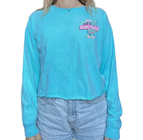 Santa Monica Long Sleeves Blue Tee-Shirt-- Hooded Caped Shawl Collar