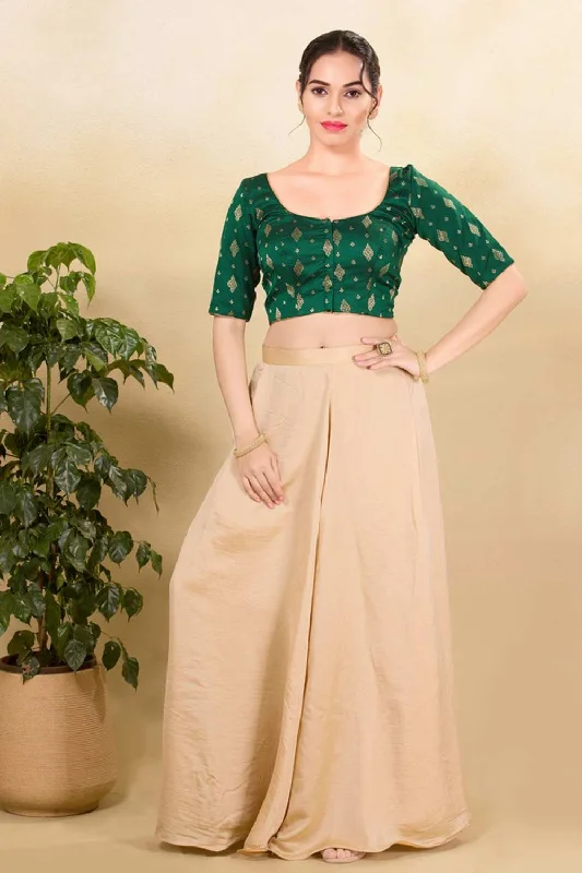 Bottle Green Silk Embroidered Elbow Sleeves Blouse Delicate Pleat Blouse