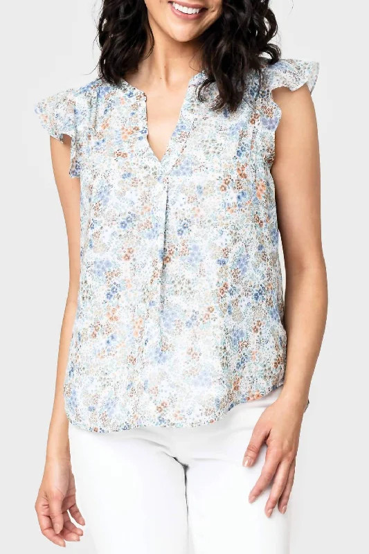 Field Of Flowers Notch Neck Flutter Sleeve Blouse In White Airy Cotton Blouse