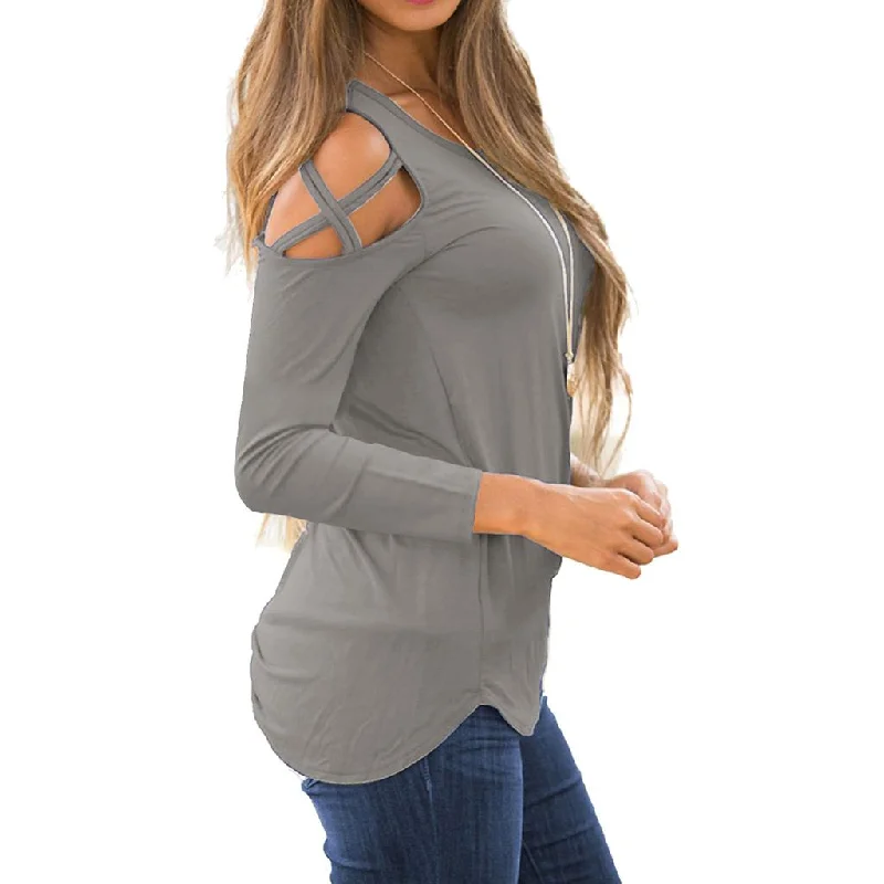 Women Strappy Cold Shoulder Tops Long Sleeves T Shirt Blouse Loose Fit Tunic S Gray-- Embroidered Appliqued Beaded Women Strappy Cold Shoulder Tops Long Sleeves T Shirt Blouse Loose Fit Tunic S Gray-- Embroidered Appliqued Beaded