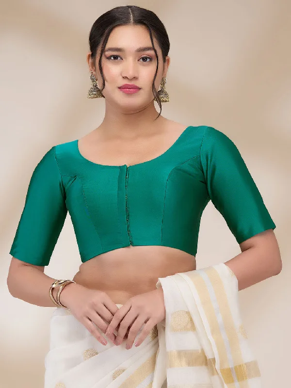 Rama Green Silk Blend Solid Half Sleeves Blouse Sheer Mesh Blouse