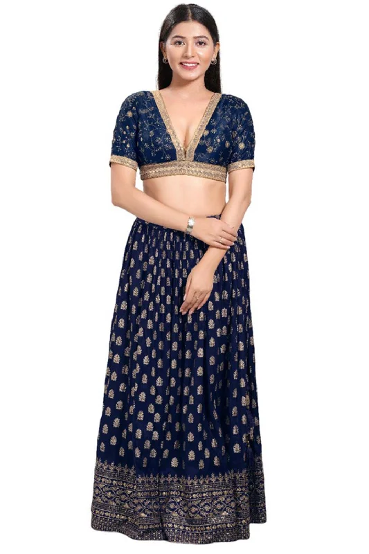 Navy Blue Silk V-Neck Elbow Sleeves Blouse Casual Relaxed Blouse