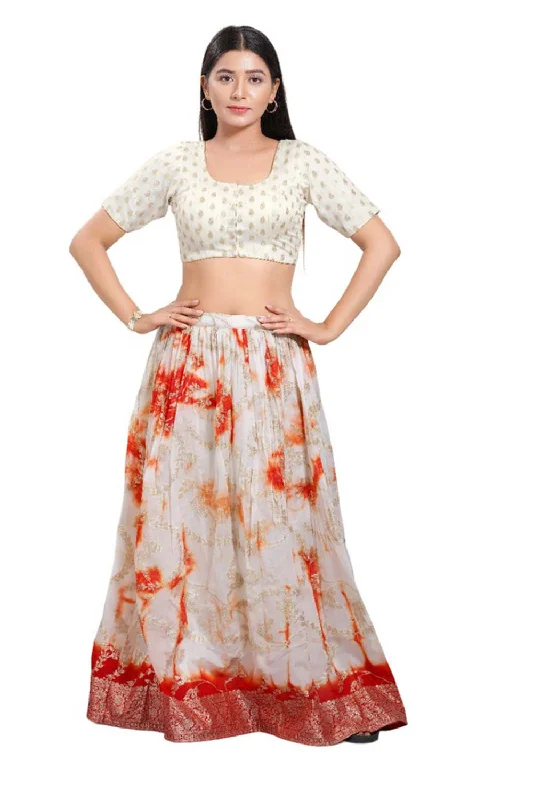 White Brocade Round Neck Elbow Sleeves Blouse Side Tie Blouse