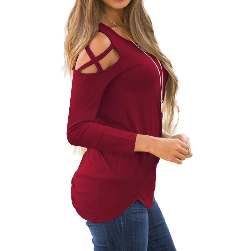 Women Strappy Cold Shoulder Tops Long Sleeves T Shirt Blouse Loose Fit Tunic L Red-- Collared Crew Neck Turtle Neck Women Strappy Cold Shoulder Tops Long Sleeves T Shirt Blouse Loose Fit Tunic L Red-- Collared Crew Neck Turtle Neck