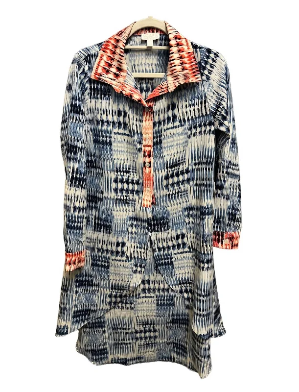 3/4 Sleeves Blouse In Blue/red Lightweight Linen Blouse